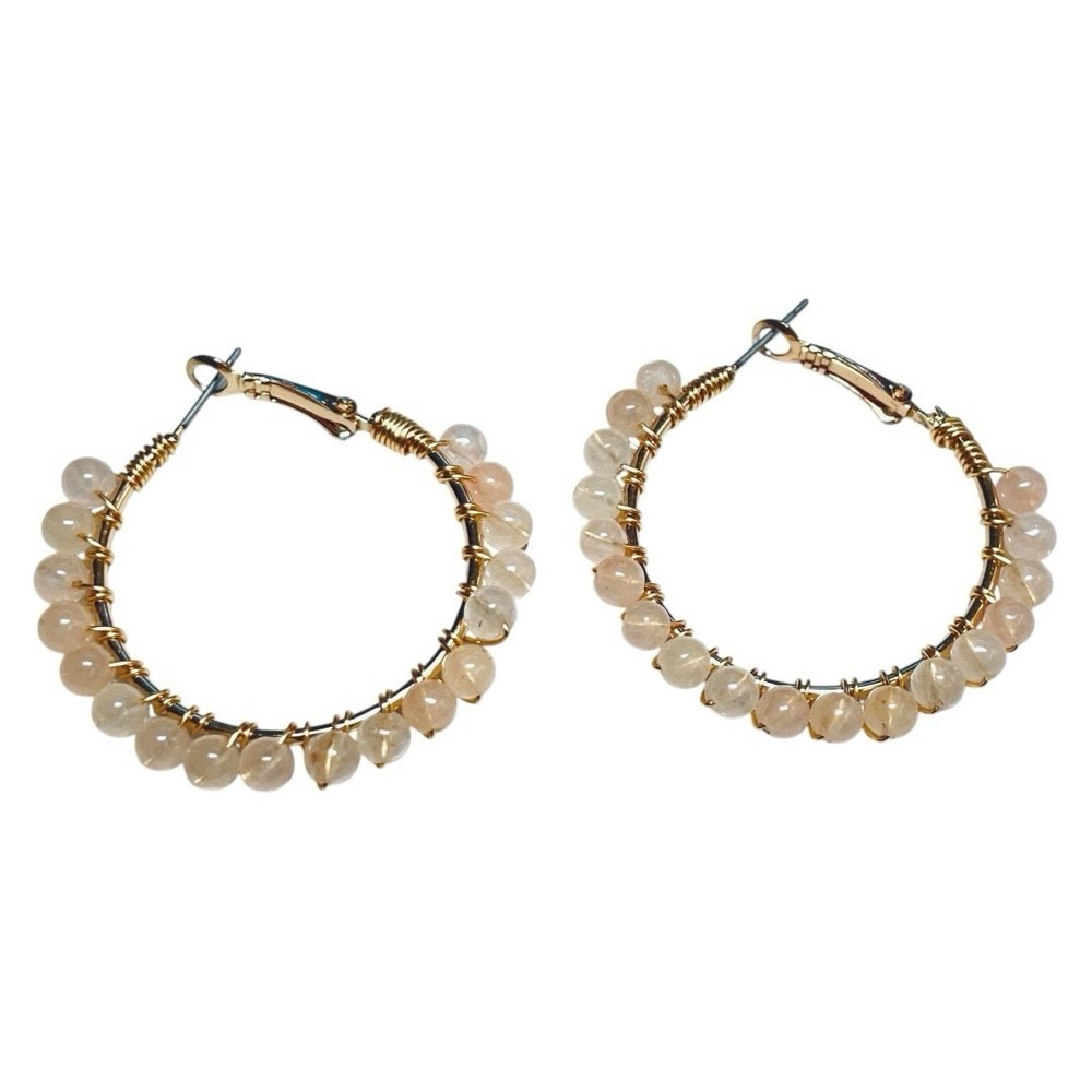 New Parfois Rose Quartz Stone Beaded Hoop Gold Earrings - Picture 3 of 5